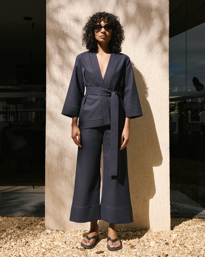 Pantacourt com Barrado - Azul Marinho